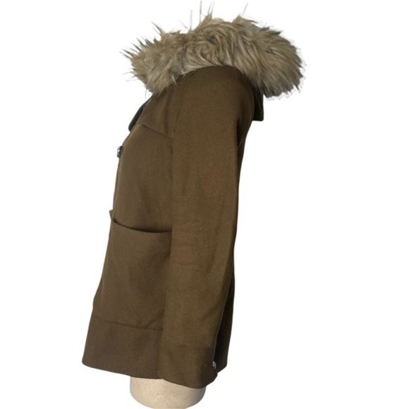 ZARA Women's Brown Pea Coat Full Zip Front Buckle Detail Faux Fur Hood Size XS - Picture 9 of 12